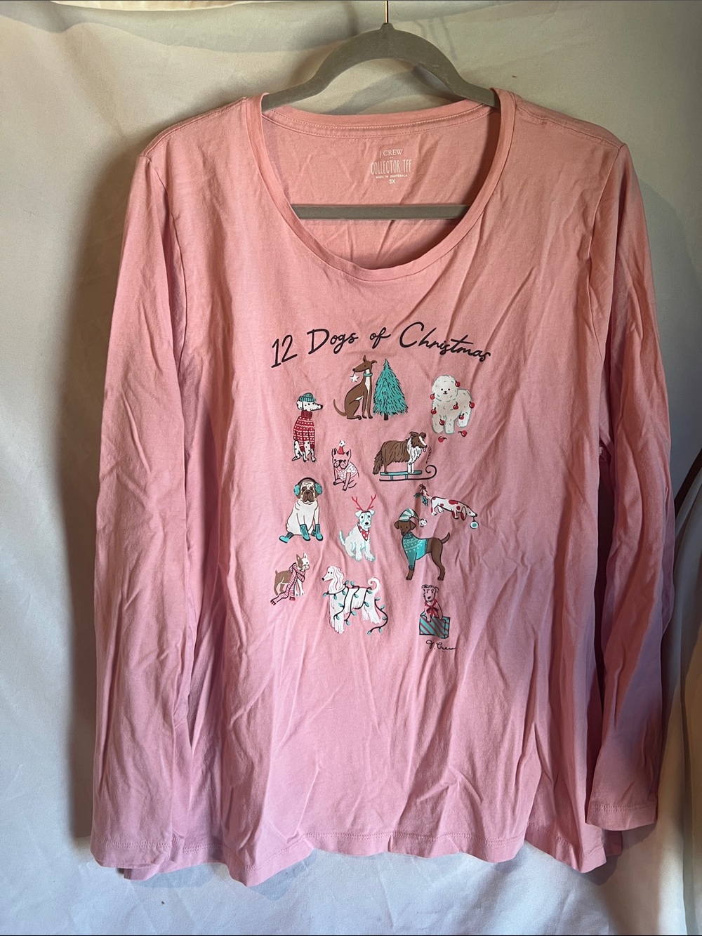 J. Crew Pink Long-Sleeve "12 Dogs of Christmas" Graphic Tee